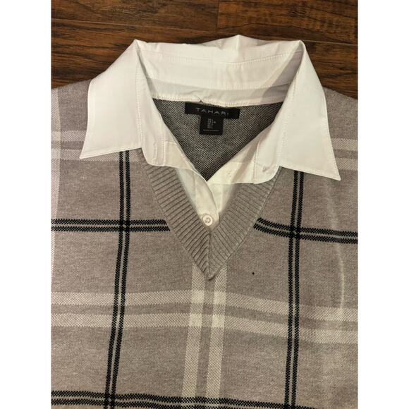 Tahari Women’s Tan Plaid Sweater Dress With White Shirt Underlay NWT Sz:L - Picture 4 of 8
